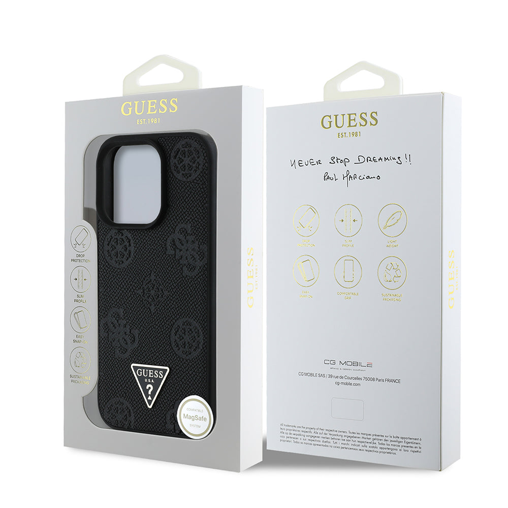 Apple iPhone 14 Pro Max Case Guess Original Licensed M-Safe Charging Feature Hot Printed Triangle Logo PU Leather Peony Cover Black