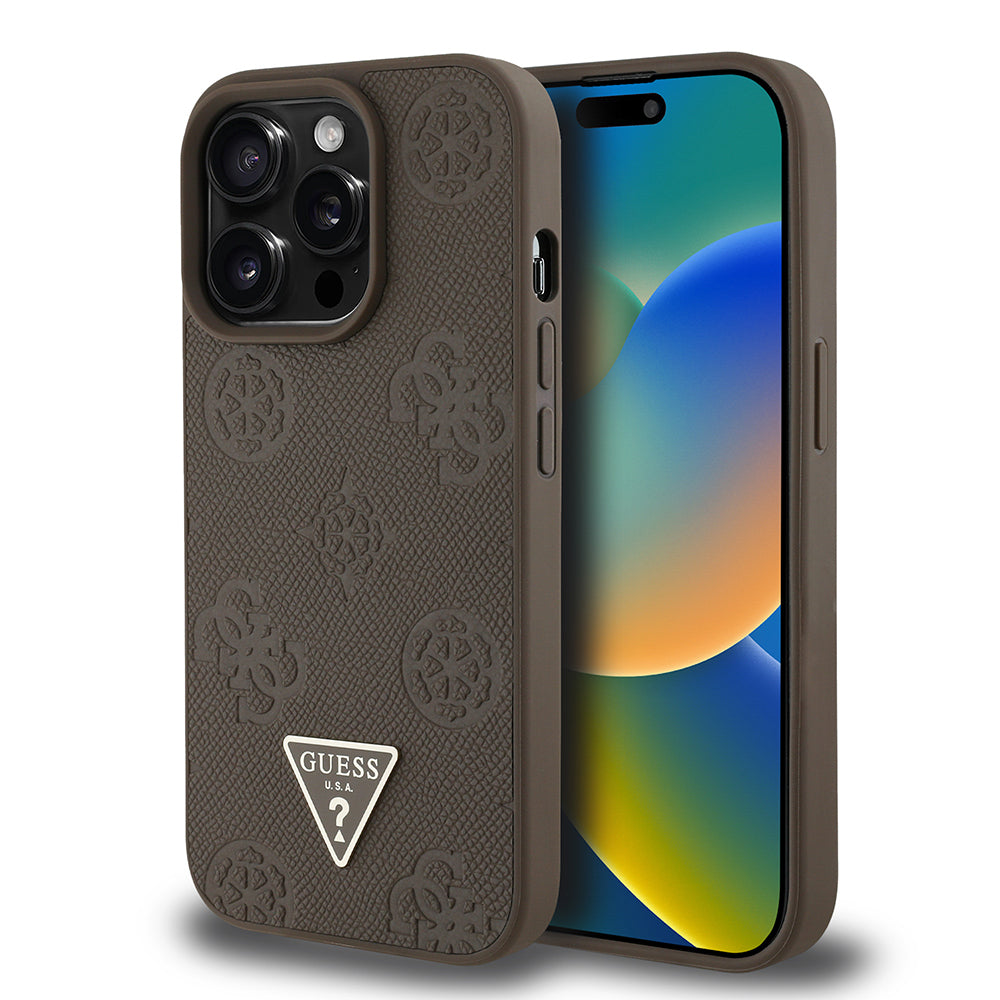 Apple iPhone 14 Pro Max Case Guess Original Licensed M-safe Charging Feature Hot Printed Triangle Logo PU Leather Peony Cover Brown