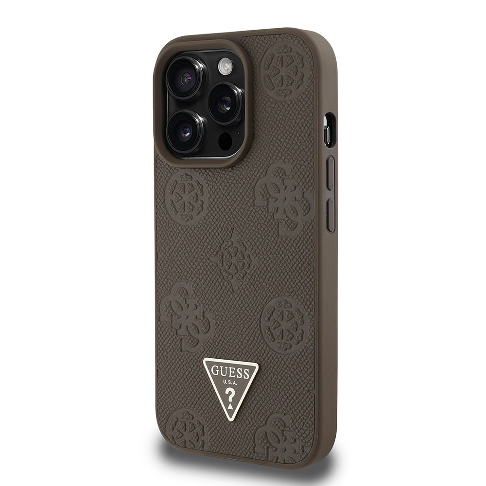 Apple iPhone 14 Pro Max Case Guess Original Licensed M-Safe Charging Feature Hot Printed Triangle Logo PU Leather Peony Cover Black