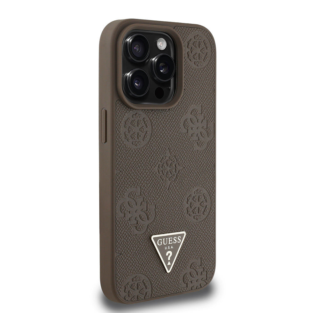 Apple iPhone 14 Pro Max Case Guess Original Licensed M-Safe Charging Feature Hot Printed Triangle Logo PU Leather Peony Cover Black