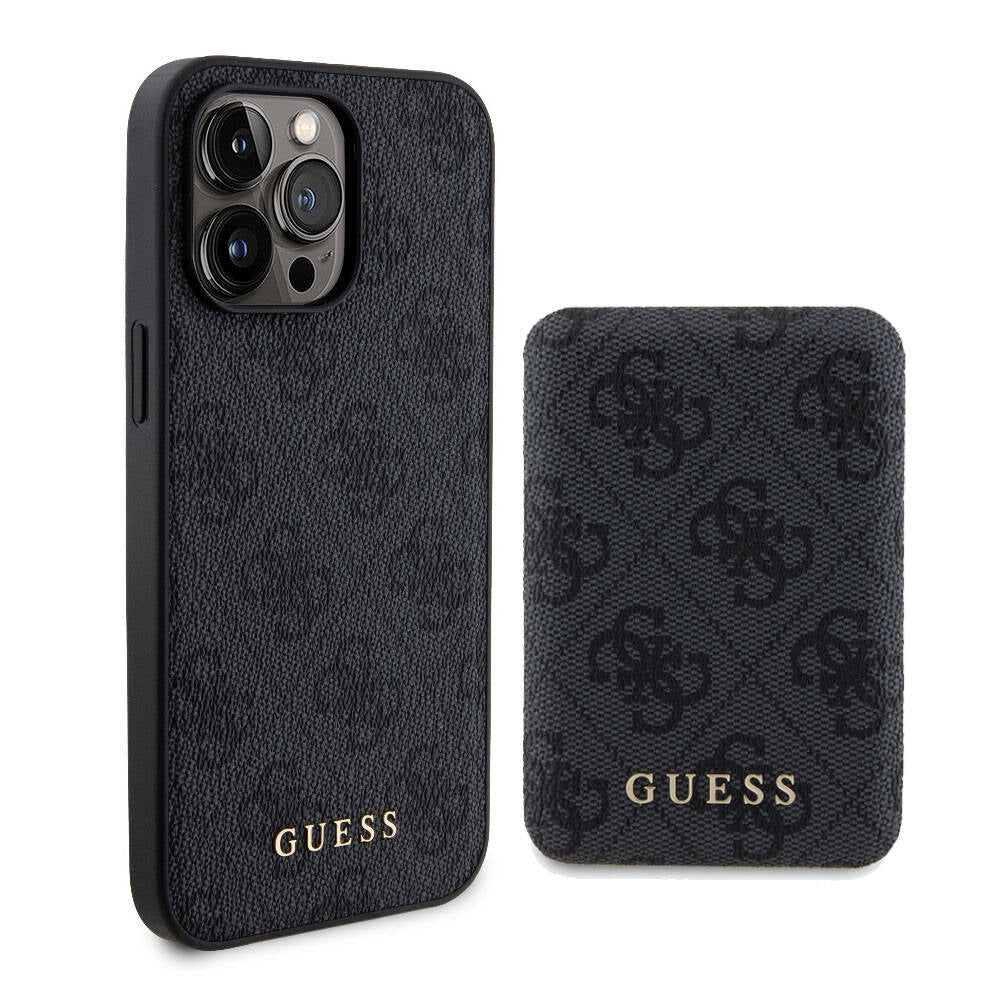 Apple iPhone 14 Pro Max Case Guess Original Licensed M-safe Charging Feature Text Logo 4G Patterned Cover + Powerbank 5000mAh 2in1 Set Black 