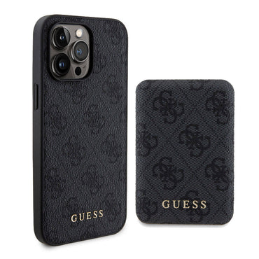 Apple iPhone 14 Pro Max Case Guess Original Licensed M-safe Charging Feature Text Logo 4G Patterned Cover + Powerbank 5000mAh 2in1 Set Black 