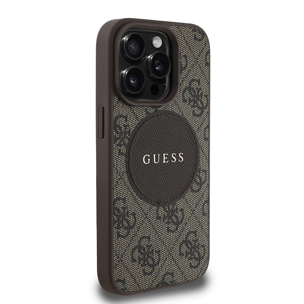 Apple iPhone 14 Pro Max Case Guess Original Licensed M-safe Charging Feature Circle Classic Cover Brown with Text Logo