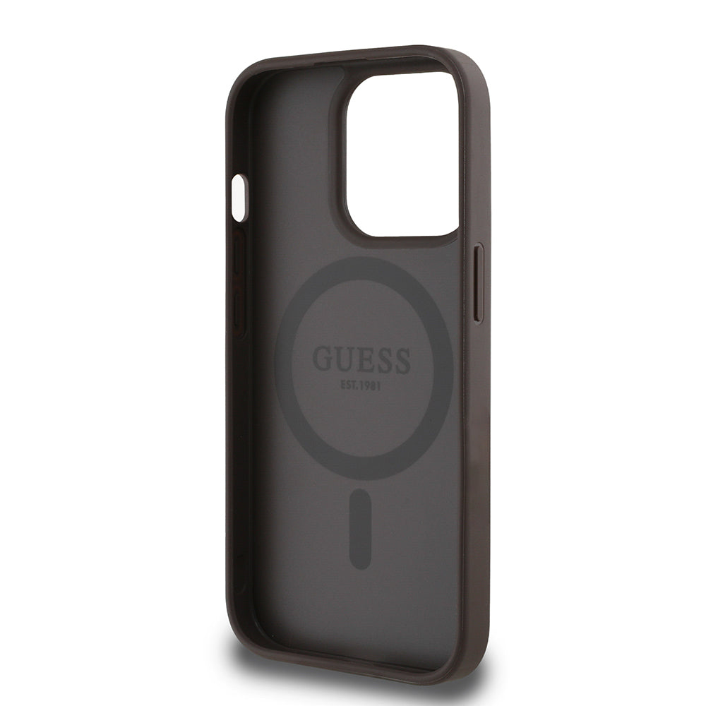 Apple iPhone 14 Pro Max Case Guess Original Licensed M-safe Charging Feature Circle Classic Cover Brown with Text Logo