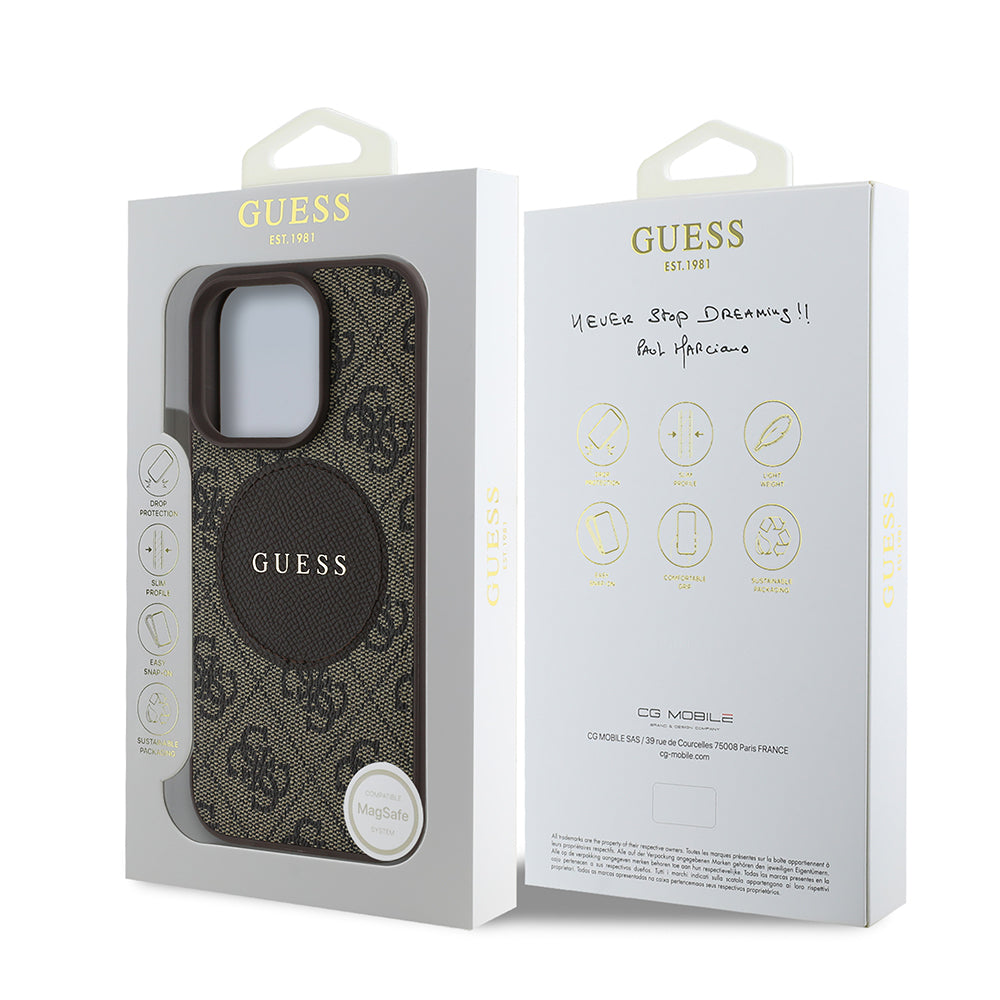 Apple iPhone 14 Pro Max Case Guess Original Licensed M-safe Charging Feature Circle Classic Cover Brown with Text Logo