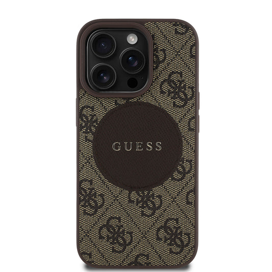 Apple iPhone 14 Pro Max Case Guess Original Licensed M-safe Charging Feature Circle Classic Cover Brown with Text Logo