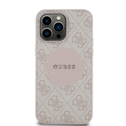 Apple iPhone 14 Pro Max Kılıf Guess Orjinal Lisanslı M-safe Şarj Özellikli Yazı Logolu Circle Classic Kapak Pembe