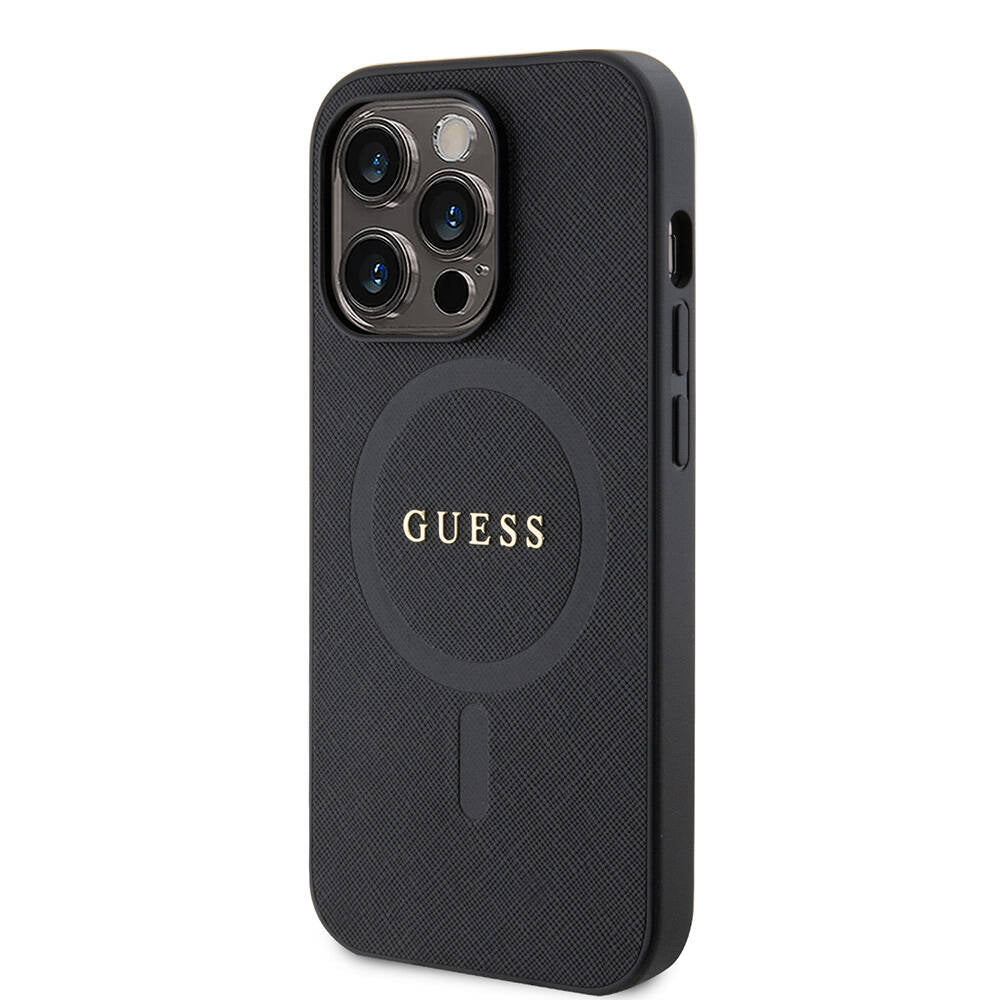 Apple iPhone 14 Pro Max Case Guess Original Licensed M-safe Charging Feature Saffiano Cover Black with Text Logo