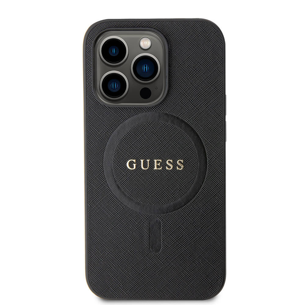 Apple iPhone 14 Pro Max Case Guess Original Licensed M-safe Charging Feature Saffiano Cover Black with Text Logo