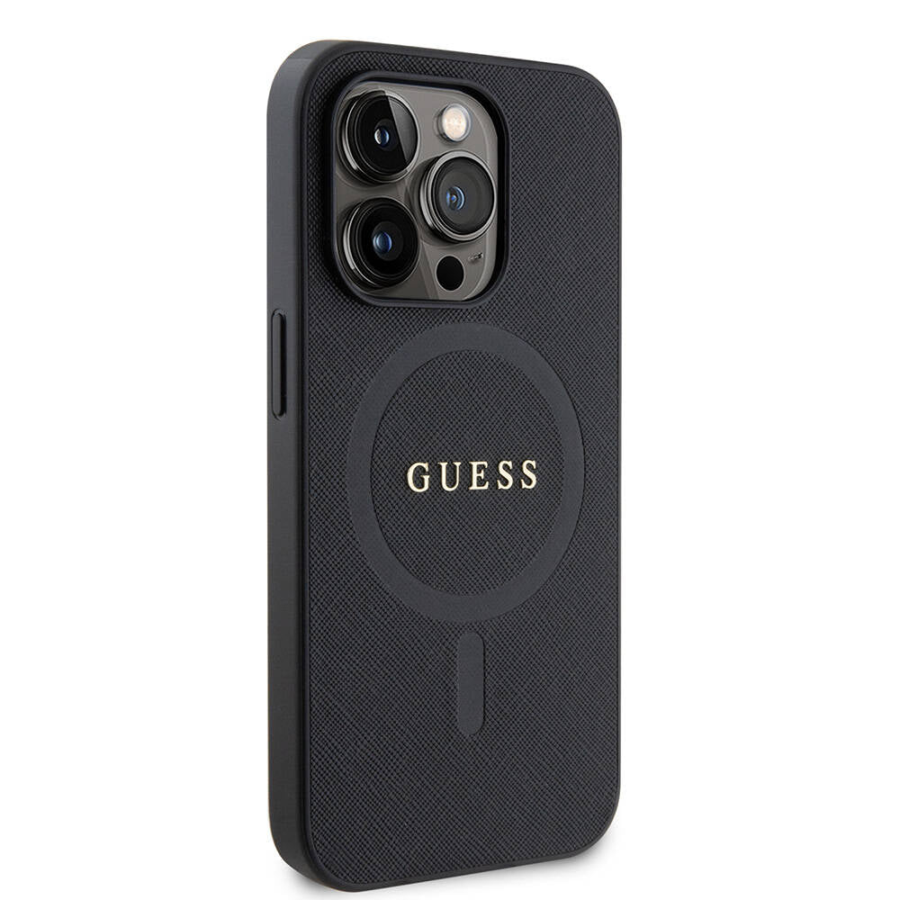 Apple iPhone 14 Pro Max Case Guess Original Licensed M-safe Charging Feature Saffiano Cover Black with Text Logo