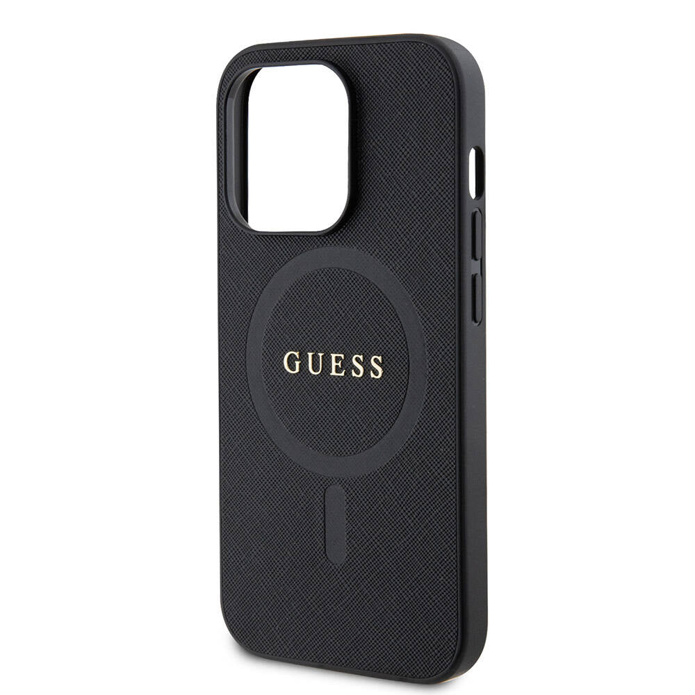 Apple iPhone 14 Pro Max Case Guess Original Licensed M-safe Charging Feature Saffiano Cover Black with Text Logo
