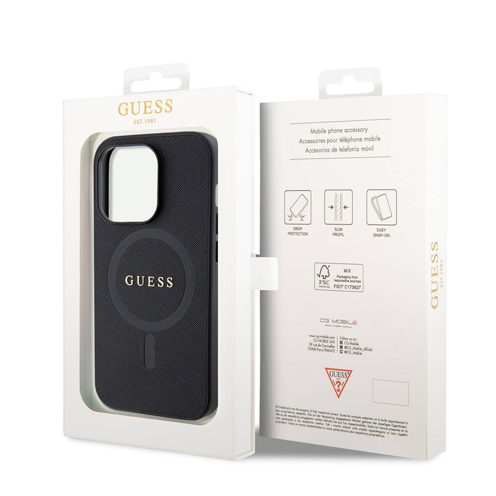 Apple iPhone 14 Pro Max Case Guess Original Licensed M-safe Charging Feature Saffiano Cover Black with Text Logo