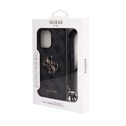 Apple iPhone 14 Pro Max Kılıf Guess Orjinal Lisanslı PU Deri 4G Büyük Metal Logolu Çapraz Vücut Askılı Kapak Siyah