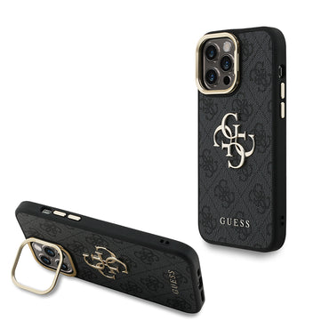 Apple iPhone 14 Pro Max Kılıf Guess Orjinal Lisanslı PU Deri 4G Desenli Metal Büyük 4G ve Yazı Logolu Kamera Standlı Kapak Kahverengi