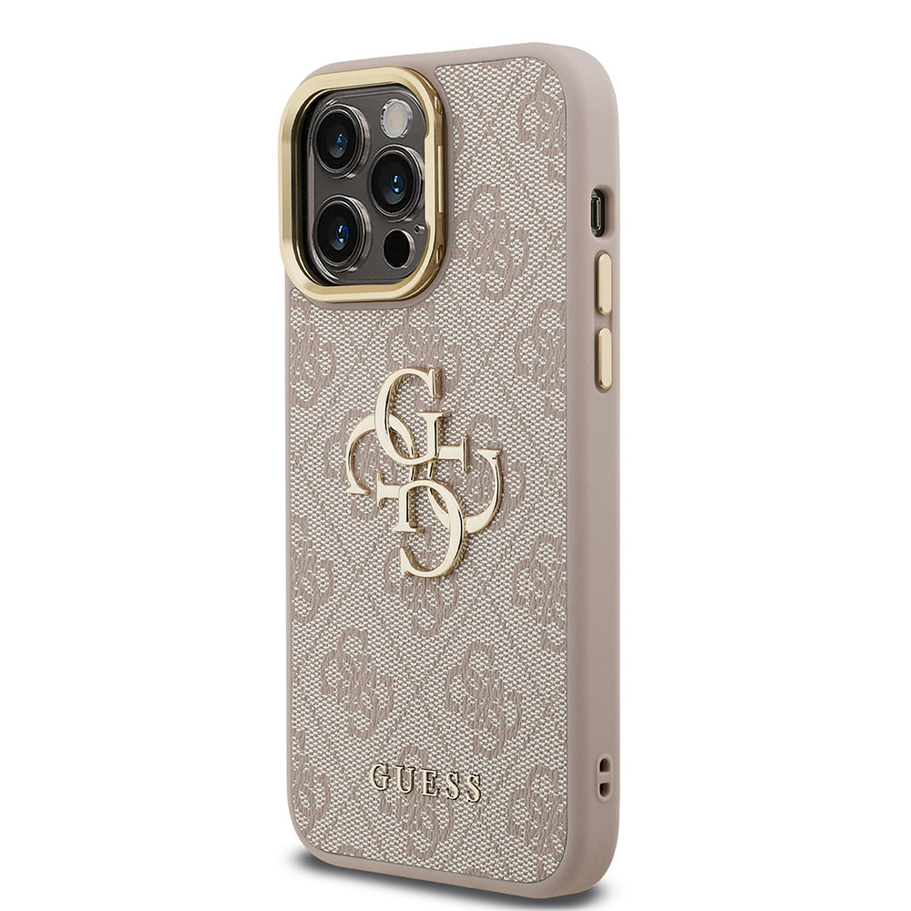 Apple iPhone 14 Pro Max Kılıf Guess Orjinal Lisanslı PU Deri 4G Desenli Metal Büyük 4G ve Yazı Logolu Kamera Standlı Kapak Pembe