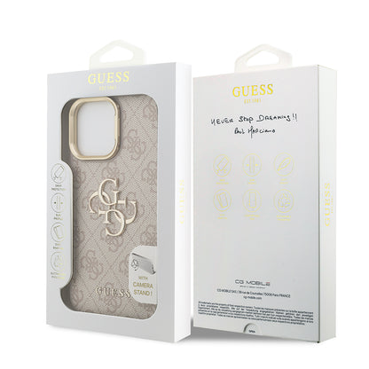 Apple iPhone 14 Pro Max Kılıf Guess Orjinal Lisanslı PU Deri 4G Desenli Metal Büyük 4G ve Yazı Logolu Kamera Standlı Kapak Pembe