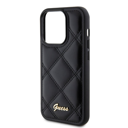 Apple iPhone 14 Pro Max Kılıf Guess Orjinal Lisanslı PU Deri Metal Yazı Logolu Kapitone Kapak Siyah