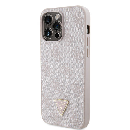Apple iPhone 14 Pro Max Kılıf Guess Orjinal Lisanslı PU Deri Taşlı Metal Üçgen Logolu Çapraz Vücut Askılı 4G Desenli Kapak Kahverengi