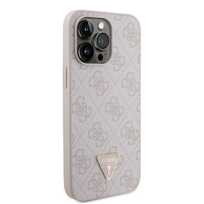 Apple iPhone 14 Pro Max Kılıf Guess Orjinal Lisanslı PU Deri Taşlı Metal Üçgen Logolu Çapraz Vücut Askılı 4G Desenli Kapak Pembe