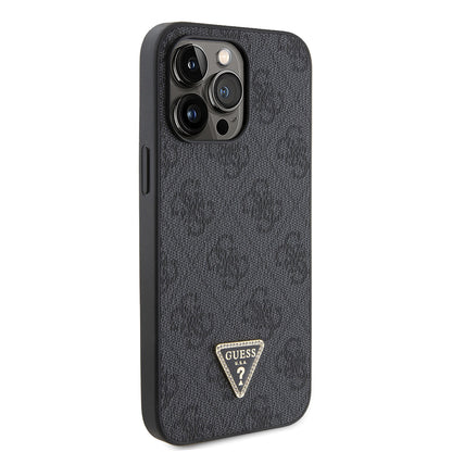 Apple iPhone 14 Pro Max Kılıf Guess Orjinal Lisanslı PU Deri Taşlı Metal Üçgen Logolu Çapraz Vücut Askılı 4G Desenli Kapak Pembe