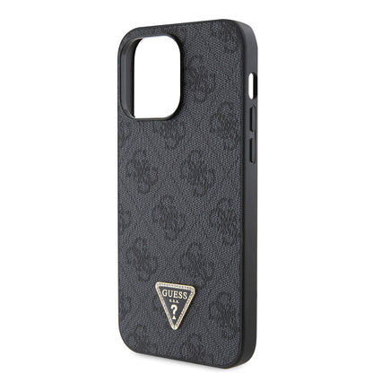 Apple iPhone 14 Pro Max Kılıf Guess Orjinal Lisanslı PU Deri Taşlı Metal Üçgen Logolu Çapraz Vücut Askılı 4G Desenli Kapak Kahverengi