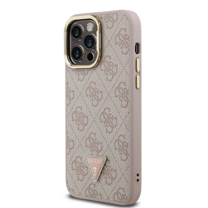 Apple iPhone 14 Pro Max Kılıf Guess Orjinal Lisanslı PU Deri Taşlı Üçgen Logo 4G Desenli Kamera Standlı Kapak Pembe
