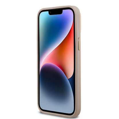 Apple iPhone 14 Pro Max Kılıf Guess Orjinal Lisanslı PU Deri Taşlı Üçgen Logo 4G Desenli Kamera Standlı Kapak Kahverengi