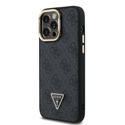 Apple iPhone 14 Pro Max Kılıf Guess Orjinal Lisanslı PU Deri Taşlı Üçgen Logo 4G Desenli Kamera Standlı Kapak Pembe