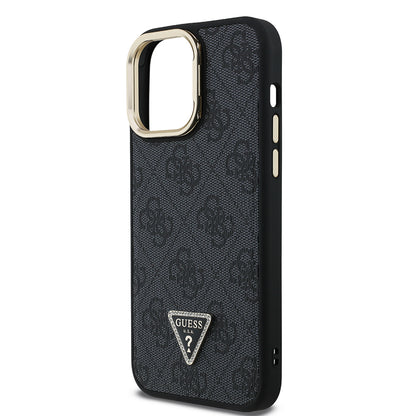 Apple iPhone 14 Pro Max Kılıf Guess Orjinal Lisanslı PU Deri Taşlı Üçgen Logo 4G Desenli Kamera Standlı Kapak Pembe