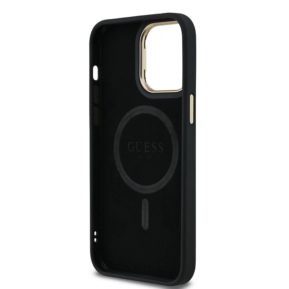 Apple iPhone 14 Pro Max Kılıf Guess Orjinal Lisanslı PU Deri Taşlı Üçgen Logo 4G Desenli Kamera Standlı Kapak Kahverengi