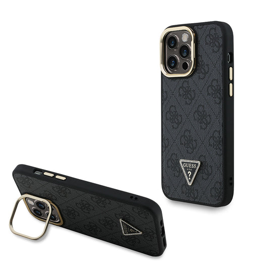 Apple iPhone 14 Pro Max Kılıf Guess Orjinal Lisanslı PU Deri Taşlı Üçgen Logo 4G Desenli Kamera Standlı Kapak Siyah