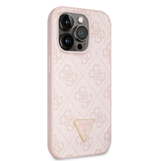 Apple iPhone 14 Pro Max Case Guess Original Licensed PU Leather Stone Triangle Logo 4G Patterned Cover Pink