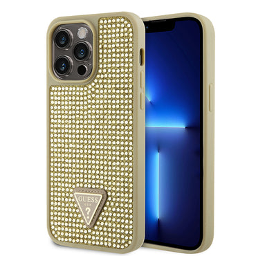 Apple iPhone 14 Pro Max Kılıf Guess Orjinal Lisanslı Taşlı Arka Yüzey Üçgen Logolu Kapak Gümüş