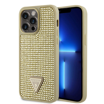 Apple iPhone 14 Pro Max Kılıf Guess Orjinal Lisanslı Taşlı Arka Yüzey Üçgen Logolu Kapak Pembe