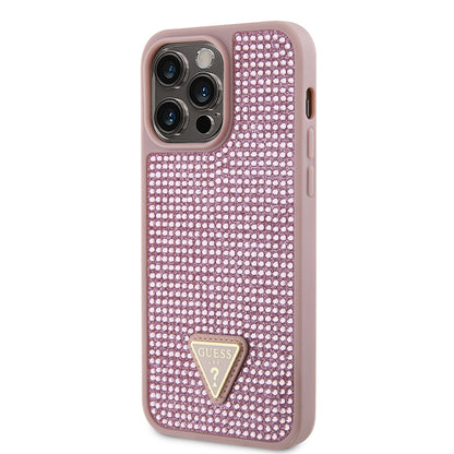 Apple iPhone 14 Pro Max Kılıf Guess Orjinal Lisanslı Taşlı Arka Yüzey Üçgen Logolu Kapak Gümüş