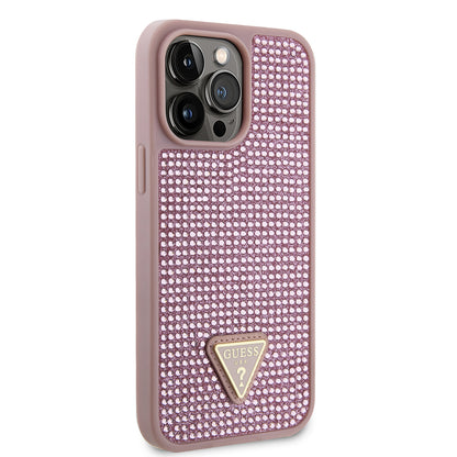 Apple iPhone 14 Pro Max Kılıf Guess Orjinal Lisanslı Taşlı Arka Yüzey Üçgen Logolu Kapak Gümüş