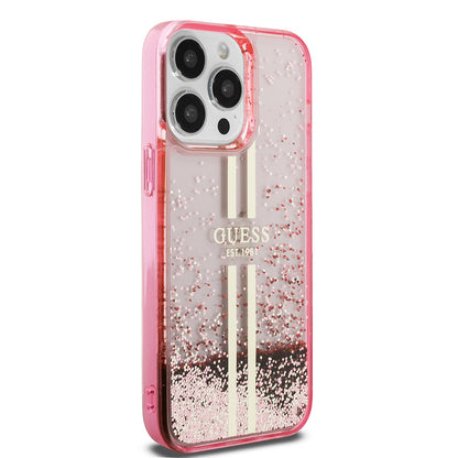Apple iPhone 14 Pro Max Kılıf Guess Orjinal Lisanslı Transparan Sıvılı Simli Altın Çizgili Kapak Mor