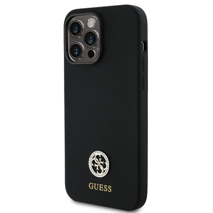 Apple iPhone 14 Pro Max Kılıf Guess Orjinal Lisanslı Yazı ve Taşlı 4G Logolu Silikon Kapak Siyah