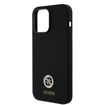 Apple iPhone 14 Pro Max Kılıf Guess Orjinal Lisanslı Yazı ve Taşlı 4G Logolu Silikon Kapak Siyah