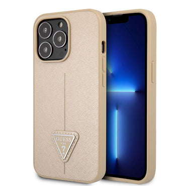 Apple iPhone 14 Pro Max Case GUESS PU Saffron Leather Triangle Logo Design Cover Cream