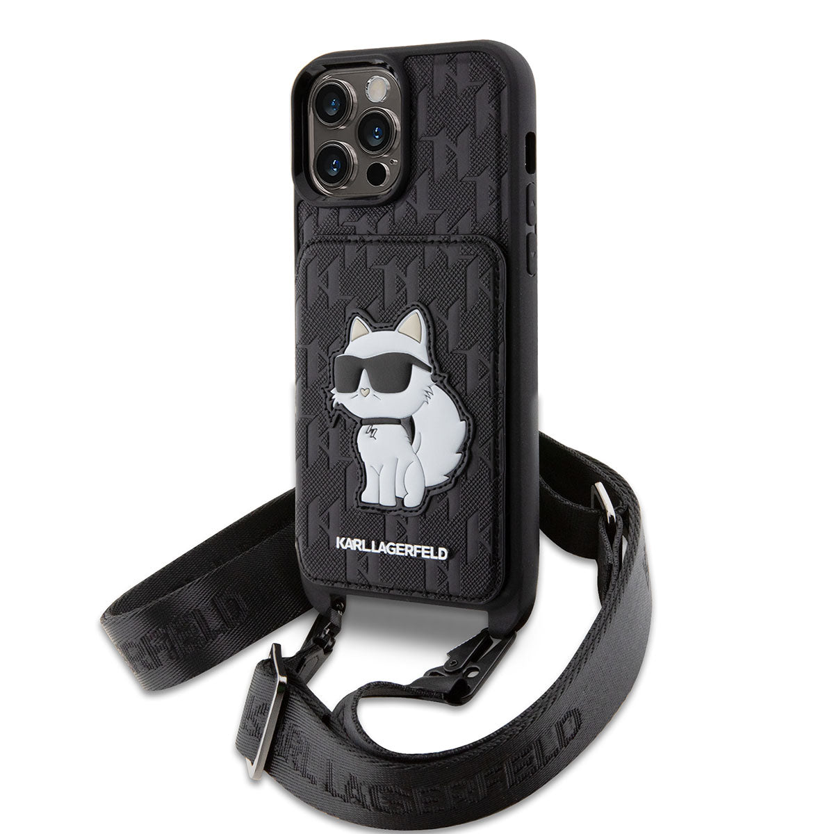 Apple iPhone 14 Pro Max Case Karl Lagerfeld Neck Strap Card Holder Choupette Design Cover Black 
