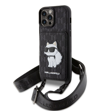 Apple iPhone 14 Pro Max Case Karl Lagerfeld Neck Strap Card Holder Choupette Design Cover Black 