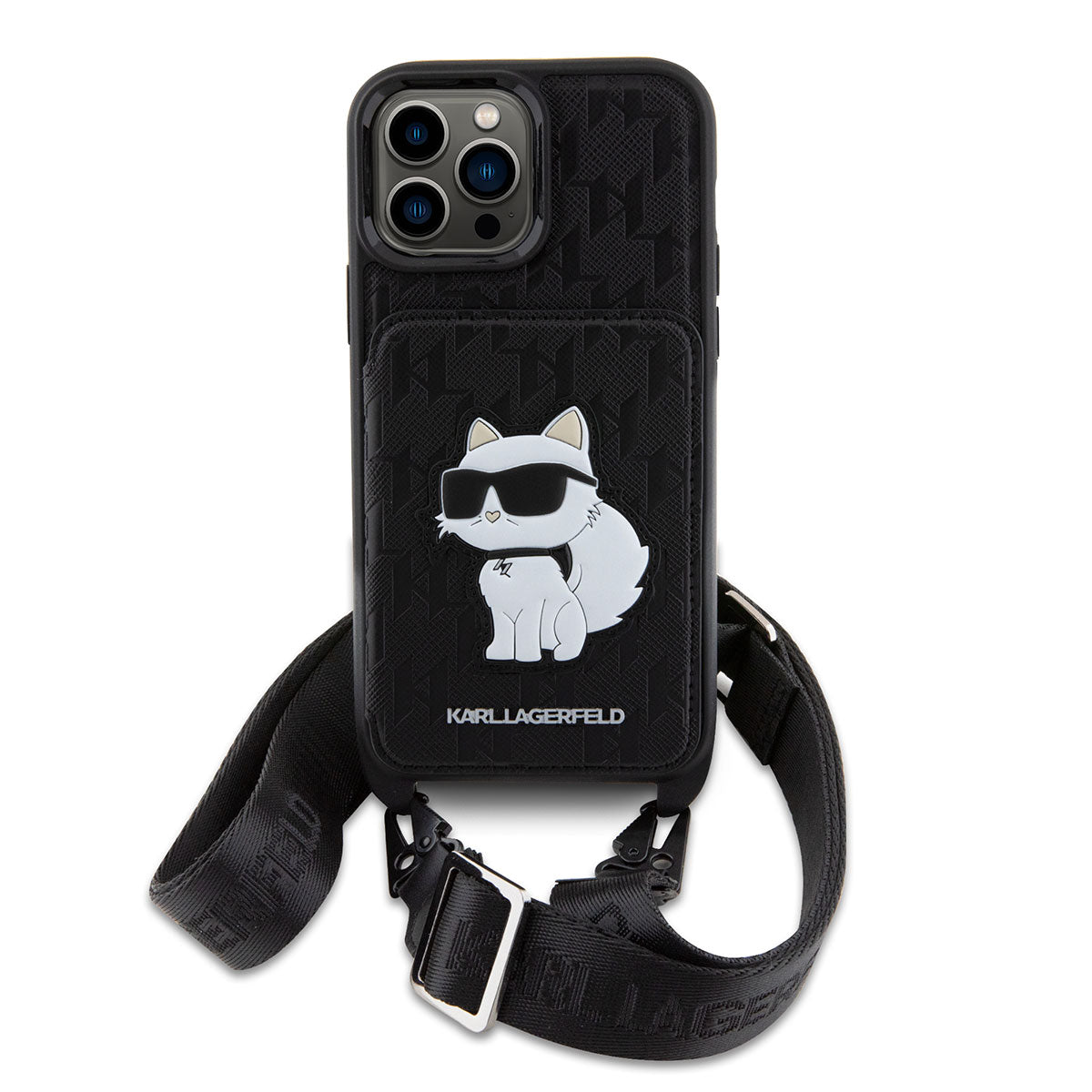 Apple iPhone 14 Pro Max Case Karl Lagerfeld Neck Strap Card Holder Choupette Design Cover Black 
