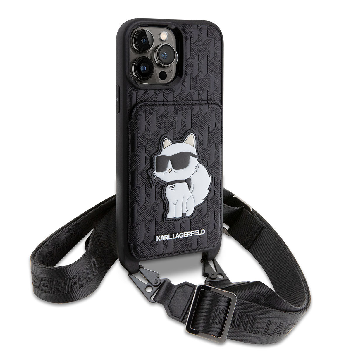 Apple iPhone 14 Pro Max Case Karl Lagerfeld Neck Strap Card Holder Choupette Design Cover Black 