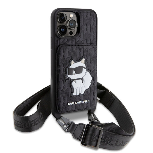 Apple iPhone 14 Pro Max Case Karl Lagerfeld Neck Strap Card Holder Choupette Design Cover Black 