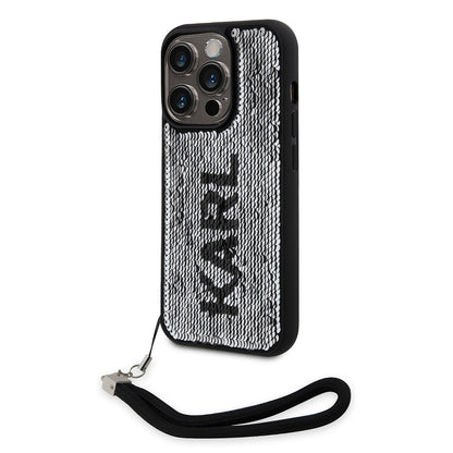 Apple iPhone 14 Pro Max Kılıf Karl Lagerfeld El Askısı İpli Hareketli Pullu Dizayn Kapak Siyah-Gümüş