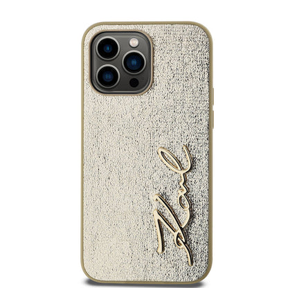 Apple iPhone 14 Pro Max Kılıf Karl Lagerfeld Orjinal Lisanslı 3D KL Yazılı Tüylü Arka Yüzey Saffiano Rhinestones Kapak Gold