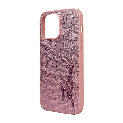 Apple iPhone 14 Pro Max Kılıf Karl Lagerfeld Orjinal Lisanslı 3D KL Yazılı Tüylü Arka Yüzey Saffiano Rhinestones Kapak Pembe