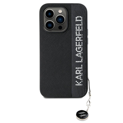 Apple iPhone 14 Pro Max Kılıf Karl Lagerfeld Orjinal Lisanslı Anahtarlıklı Taşlı KL Yazılı Saffiano Rhinestones Kapak Pembe