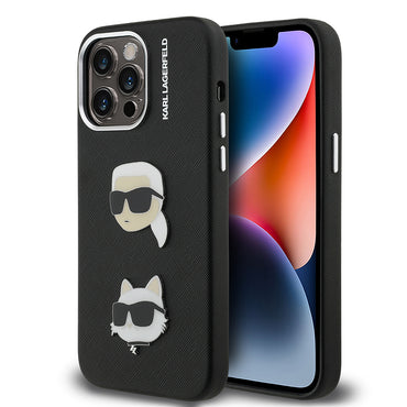 Apple iPhone 14 Pro Max Kılıf Karl Lagerfeld Orjinal Lisanslı K&C Heads Pin Kapak Siyah